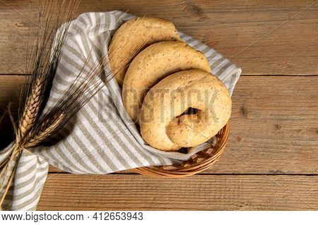 Tipical Bakery Of Puglia Dry Bread Called Friselle. Classical Apulian Frise Made In Salento By Whole