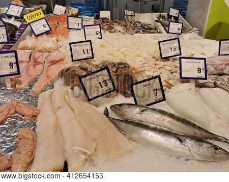Málaga, Spain - February 18, 2021: View Of Various Types Of Fish In The Málaga Market.