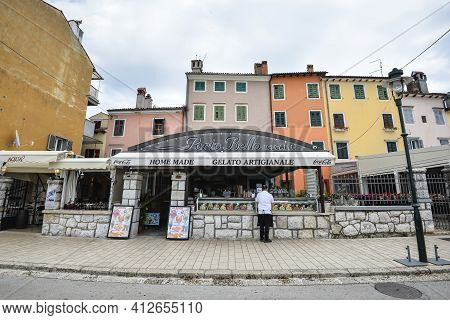 Rovinj, Croatia - May 22, 2020: View On Bright Building Exteriors Of Coastal Town Of Rovinj, Istria,