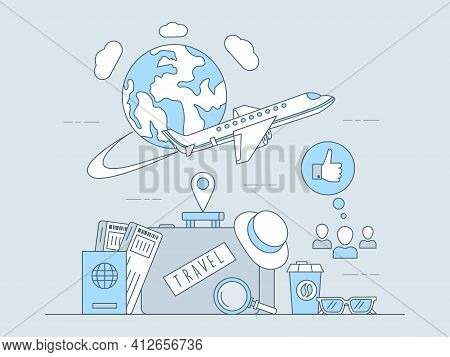 Air Travel Mobile Application Vector Outline Concept. Flying Around The Planet Plane, Baggage With P