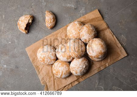 Tasty Homemade Gingerbread Cookies On Grey Table, Flat Lay