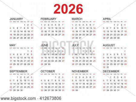 Calendar 2026 Template Vector, Simple Minimal Design, Planner 2026 Year, Wall Calendar 2026 Year, We
