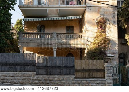 Jerusalem, Israel, February 27, 2021 : Evening View Of A Quiet Residential Hovevei Tsiyon Street In 
