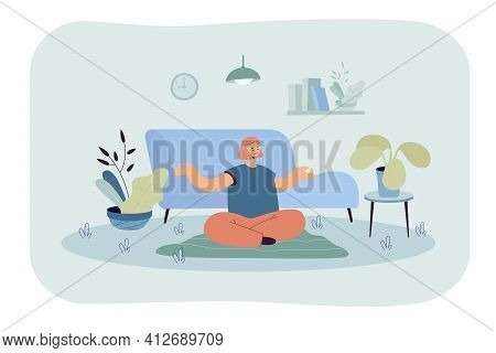 Peaceful Woman Doing Yoga At Home Flat Vector Illustration. Cartoon Calm Female Character Sitting In