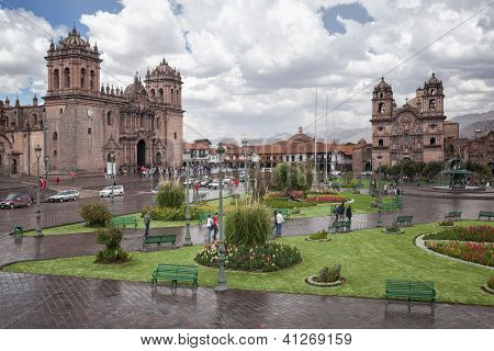 Catedral and Iglesia de la Compania fountain, Plaza de Armas, Cuzco, Peru