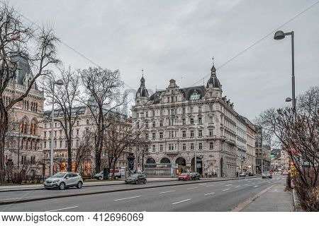 Vienna, Austria - Feb 7, 2020: Street View Of Neo-classical Building Near City Hall In Winter Mornin