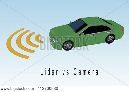 3d Illustration Of Lidar Vs Camera Title Under An Autonomous Car With Symbolic Waves Pattern, Isolat