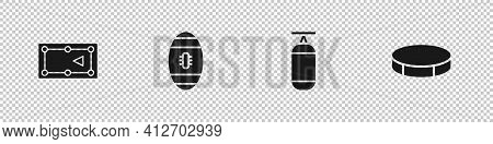 Set Billiard Table, American Football Ball, Punching Bag And Hockey Puck Icon. Vector