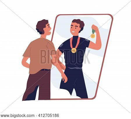 Ordinary Man Looking At Fake Mirror Reflection And Dreaming To Be Successful Strong Athlete And Spor