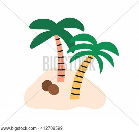 Sandy Island With Two Coconut Palm Trees And Fallen Ripe Coco Nuts. Simple Tropical Cocopalms. Exoti