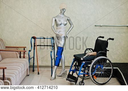 Wheelchair And Mannequin At Prosthetist Clinic. Health Care