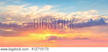 Panoranic Sunrise Sundown Sky with colorful clouds and real sun,  panorama