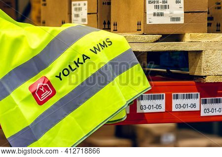 Moscow, Russia - December 16, 2020 Yolka Wms Badge On Yellow Signal Vest Close Up View. Yolka Wareho