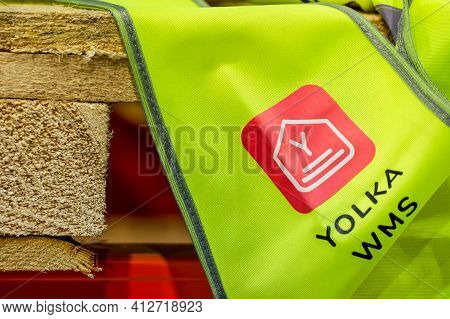 Moscow, Russia - December 16, 2020 Yolka Wms Badge On Yellow Signal Vest Close Up View. Yolka Wareho