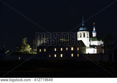Spaso-preobrazhensky Monastery Posolskoye At Great Baykal Lake In Russia During Night.
