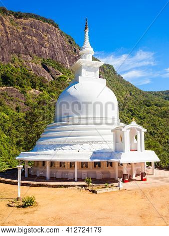 Japanese Peace Stupa Or Peace Pagoda At The Foot Of Adams Peak. Adams Peak Or Sri Pada Is A Tall And