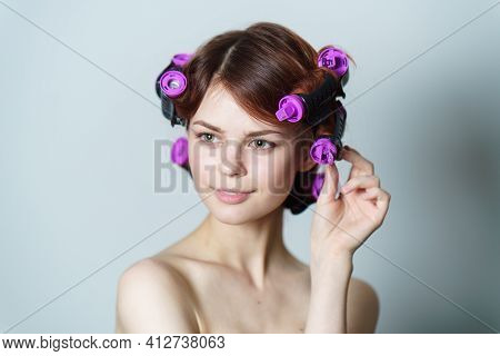 Happy Woman With Curly Hair Purple Curlers Hairstyle Bare Shoulders
