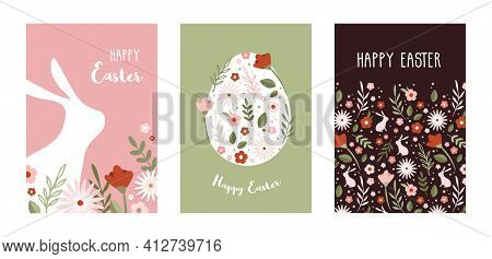 Happy Easter. Greeting Cards Or Posters With Bunny, Spring Flowers And Easter Egg. Egg Hunt Poster T
