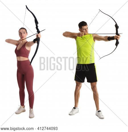 People Practicing Archery On White Background, Collage