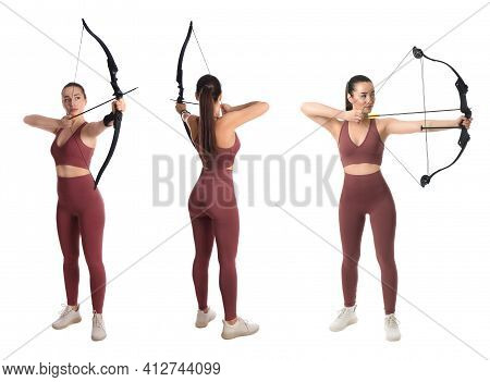 Young Woman Practicing Archery On White Background, Collage