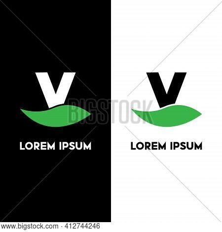 Alphabet V With Green Leaf, A Unique Brand Identity. Complete Set Of Alphabets.