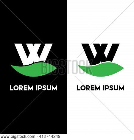 Alphabet W With Green Leaf, A Unique Brand Identity. Complete Set Of Alphabets.