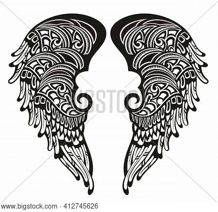 Wings In Tattoo Style Isolated On White Background. Design Element For Poster, T Shit, Card, Emblem,