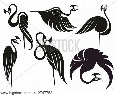 Collection Of Bird Silhouettes. Silhouette Icons Of Crane Birds .shadoof