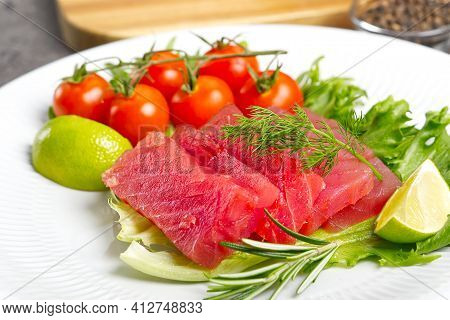 Tuna Sushi, Tuna Carpaccio, Tuna Sashimi With Vegetables. Healthy Eating With Seafood, We Cook At Ho