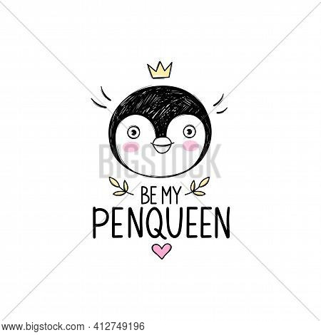 Cute Penguin Princess Girl With Crown. Baby Animals Character In Doodle Style. Nursery Stock Vector 