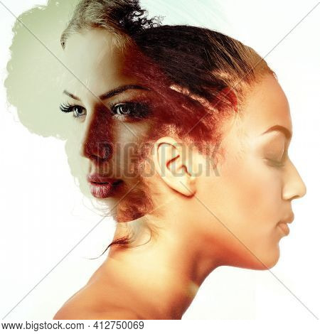 Beautiful young women, double exposure portrait. Couple of girls in love. 