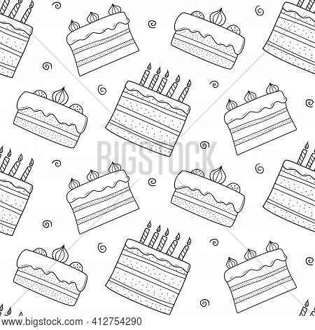 Seamless Repeating Pattern Of Black And White Contour Doodle Torics On A White Background.