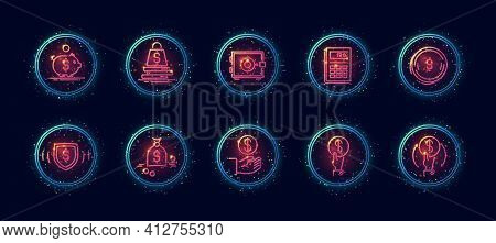 10 In 1 Vector Icons Set Related To Money And Finances Theme. Lineart Vector Icons In Geometric Neon