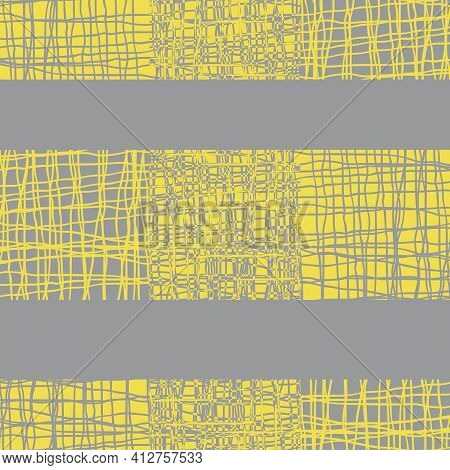 Irregular Vector Gauze Weave Effect Striped Seamless Pattern Background. Yellow Grey Backdrop Of Alt
