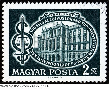 Hungary - Circa 1967: A Stamp Printed In Hungary Shows Eotvos Lorand University, And Symbols Of Law 