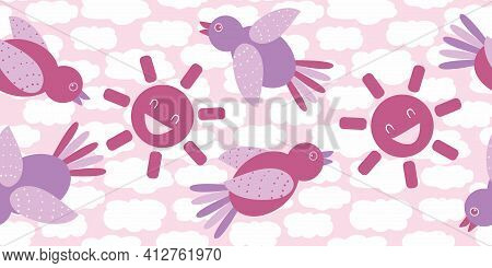 Cute Purple Cartoon Bird And Laughing Sun Seamless Vector Border. Fun Banner With Flying Birds Again