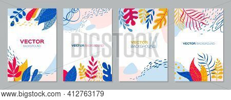 Set Of Abstract Plants Backgrounds With Empty Space For Text, Bright Banners Posters