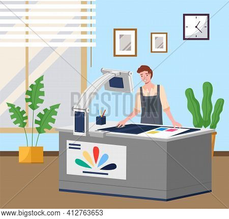 Man Printing At Plotter Wide Format. Printshop And Polygraphy Office Worker. Typography Concept