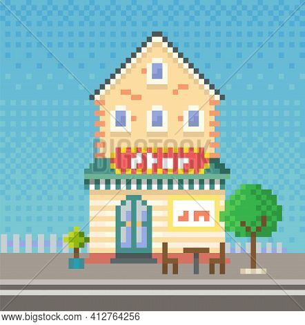 Two-storey House Near Road. Pixel Construction Against Sky. Cottage With Tree, Brick Building