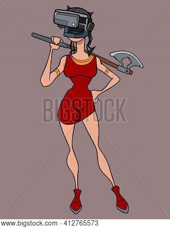 Cartoon Woman In Fantastic Virtual Reality Helmet Stands Holding Ax