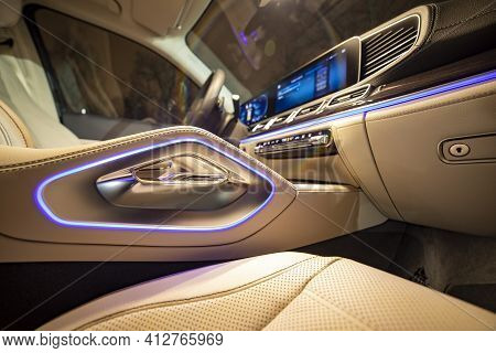 Moscow, Russia - December 24, 2019: Close-up Of Premium Led Ambiant Light Empty Interior Of Premium 