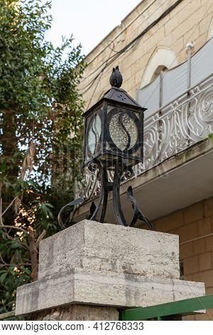 Evening View Of A Decorative Street Lamp Installed Near A Residential Building On Hovevei Tsiyon Str