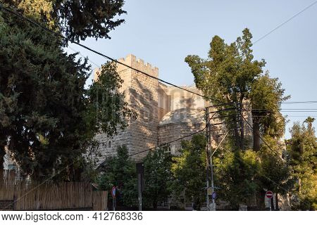Jerusalem, Israel, February 27, 2021 : Evening View Of A Quiet Residential Hovevei Tsiyon Street In 