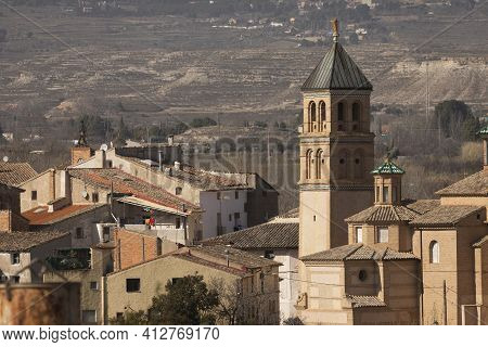 Close-up Of The Picturesque Ainzon Skyline And The Surrounding Rural Landscape, With The Our Lady Of