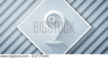 Paper Cut Map Pointer With Billiard Pool Snooker Ball With Number 8 Icon Isolated On Grey Background