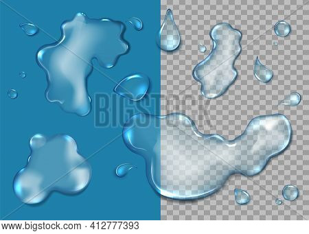 Water Puddle Set, Vector Isolated Top View Illustration. Realistic Water Splashes, Droplets, Liquid 
