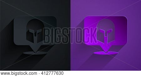 Paper Cut Greek Helmet Icon Isolated On Black On Purple Background. Antiques Helmet For Head Protect