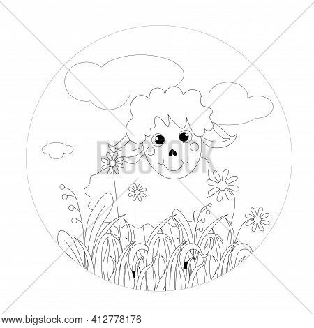 Sheep In Grass Round Monochrome Banner. Flower Leaves Art Nature Design Element Stock Vector Illustr