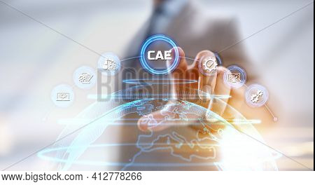 Cae Computer-aided Engineering Software System Concept. Businessman Pressing Button On Screen.