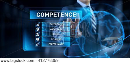 Competence Skills Business And Personal Development Concept. Businessman Pressing Button On Screen.